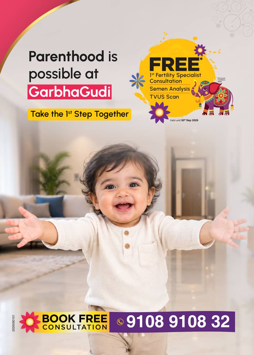 GarbhaGudi IVF offer: free first fertility expert consultation and baseline fertility (TVUS) scan, plus 50% off on 24 fertility tests. Valid until July 31, 2026. Call 9108 9108 32.
